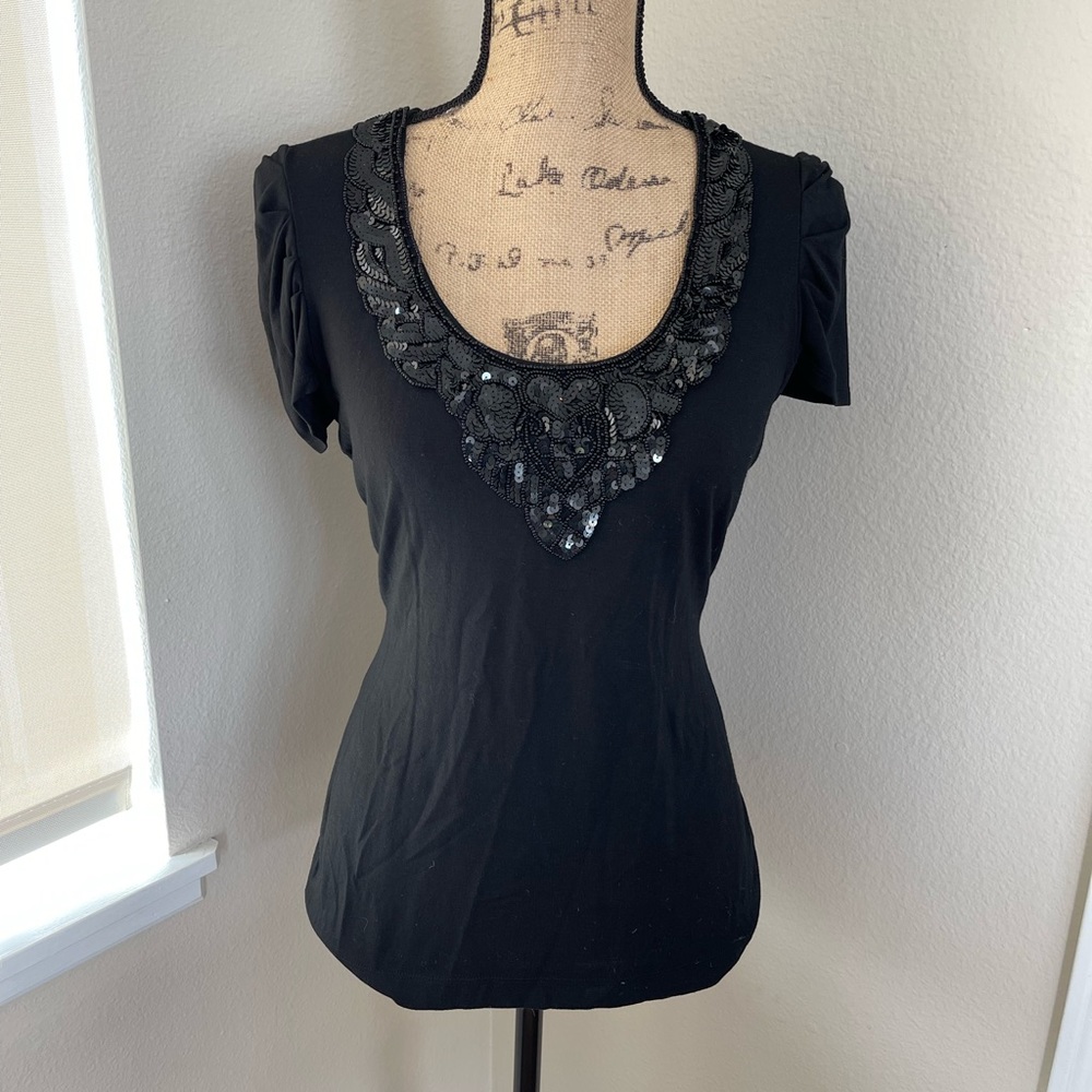 Halogen Blouse. Black. Sequin neckline. S.